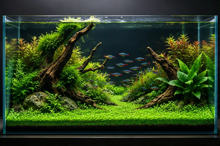 Rimless planted aquarium with branching driftwood, a green carpeting plant, and a school of small red-and-blue tetras